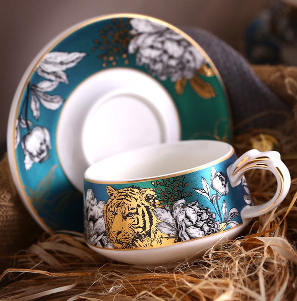 Unique Ceramic Cups with Gold Trim and Gift Box, Creative Ceramic Tea Cups and Saucers, Jungle Tiger Cheetah Porcelain Coffee Cups-Paintingforhome