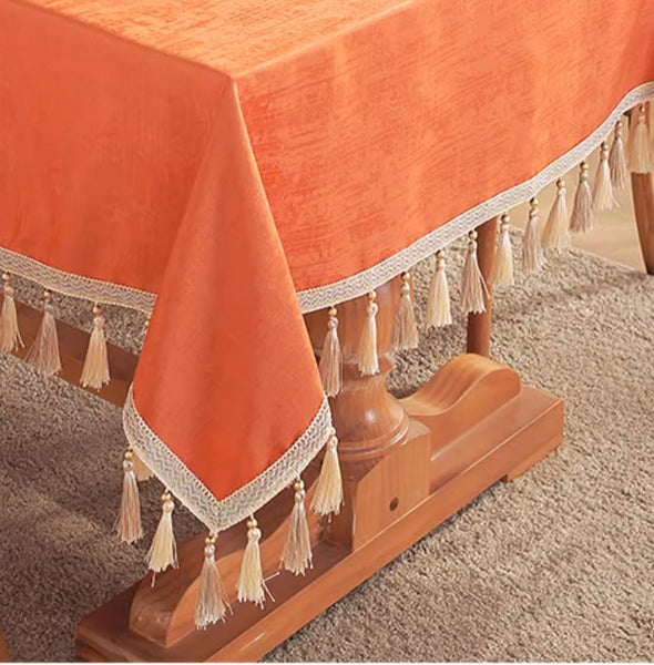 Modern Rectangle Tablecloth, Large Simple Table Cover for Dining Room Table, Orange Fringes Tablecloth for Home Decoration, Square Tablecloth for Round Table-Paintingforhome