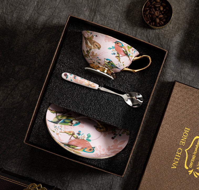 Unique Tea Cup and Saucer in Gift Box, Lovely Birds Ceramic Cups, Elegant Ceramic Coffee Cups, Afternoon Bone China Porcelain Tea Cup Set-Paintingforhome