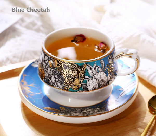 Unique Ceramic Cups with Gold Trim and Gift Box, Creative Ceramic Tea Cups and Saucers, Jungle Tiger Cheetah Porcelain Coffee Cups-Paintingforhome