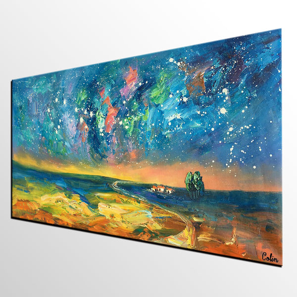 Abstract Landscape Paintings, Starry Night Sky Oil Painting, Landscape Canvas Paintings, Custom Original Oil Painting on Canvas-Paintingforhome