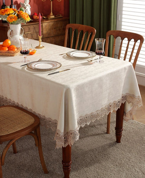 Large Simple Table Cloth for Dining Room Table, Beige Lace Tablecloth for Home Decoration, Modern Rectangle Tablecloth, Square Tablecloth for Round Table-Paintingforhome