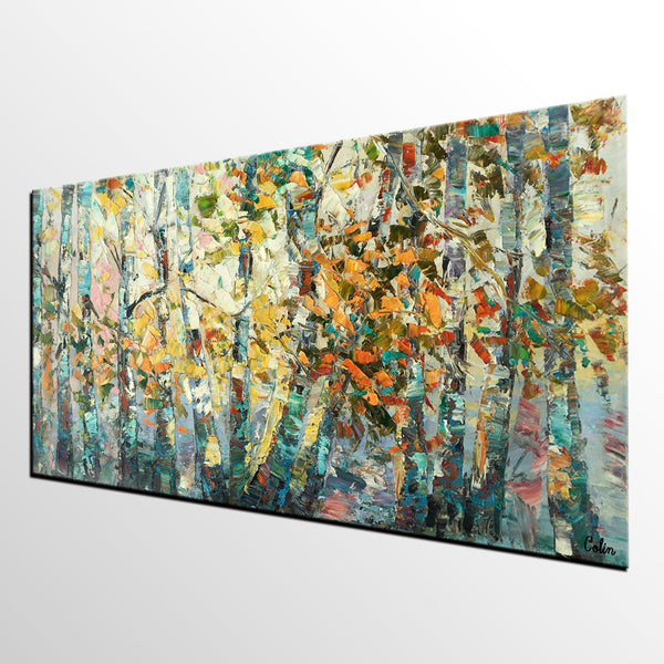 Canvas Art, Autumn Birch Tree Painting, Abstract Landscape Painting, Abstract Art Painting, Custom Canvas Painting-Paintingforhome