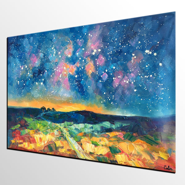 Starry Night Landscape Painting, Large Canvas Art Painting, Custom Large Oil Painting-Paintingforhome