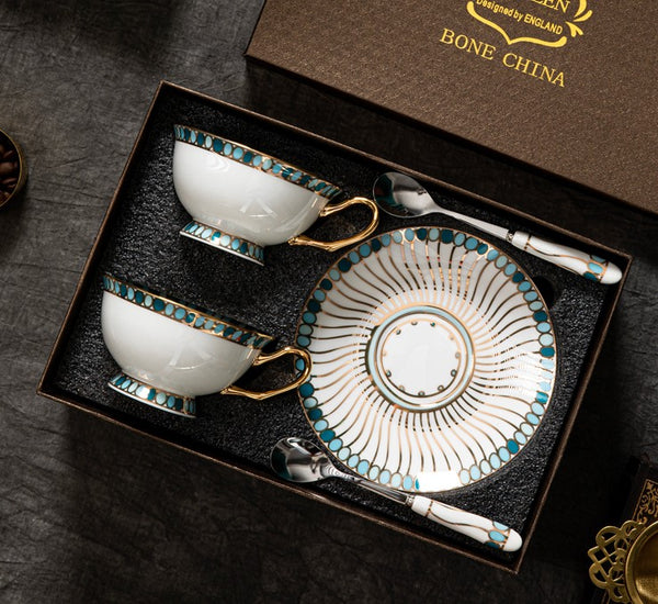 Unique Tea Cup and Saucer in Gift Box, Elegant British Ceramic Coffee Cups, Bone China Porcelain Tea Cup Set for Office, Green Ceramic Cups-Paintingforhome