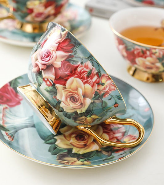 Rose Royal Ceramic Cups, Elegant Flower Ceramic Coffee Cups, Afternoon Bone China Porcelain Tea Cup Set, Unique Tea Cups and Saucers in Gift Box-Paintingforhome