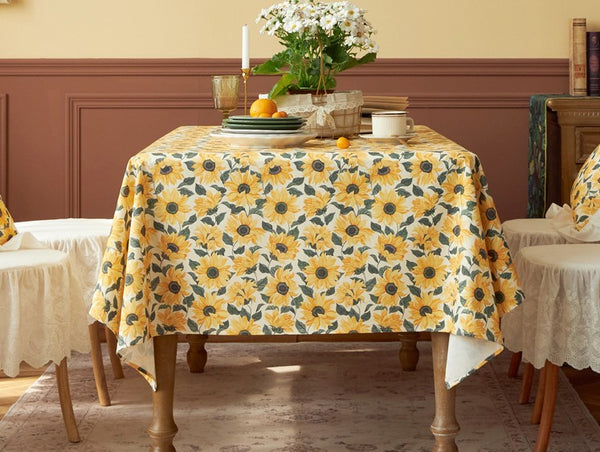 Modern Rectangle Tablecloth for Dining Room Table, Yellow Sunflower Pattern Farmhouse Table Cloth, Square Tablecloth for Round Table-Paintingforhome