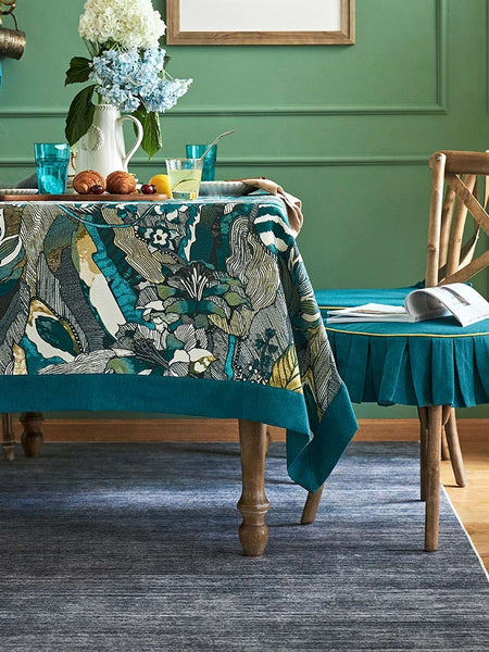 Large Modern Rectangle Tablecloth for Dining Room Table, Blue Flower Pattern Farmhouse Table Cloth, Square Tablecloth for Round Table-Paintingforhome