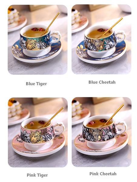 Unique Ceramic Cups with Gold Trim and Gift Box, Creative Ceramic Tea Cups and Saucers, Jungle Tiger Cheetah Porcelain Coffee Cups-Paintingforhome