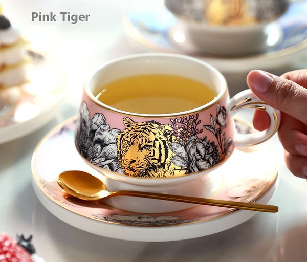 Unique Ceramic Cups with Gold Trim and Gift Box, Creative Ceramic Tea Cups and Saucers, Jungle Tiger Cheetah Porcelain Coffee Cups-Paintingforhome