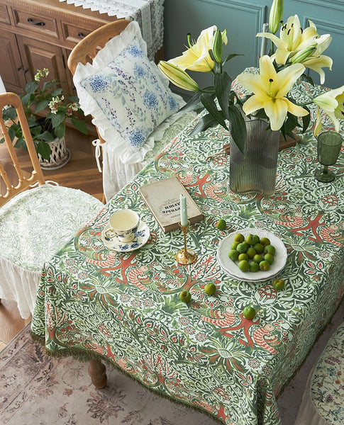 Green Flower Pattern Tablecloth for Home Decoration, Large Square Tablecloth for Round Table, Extra Large Rectangle Tablecloth for Dining Room Table-Paintingforhome