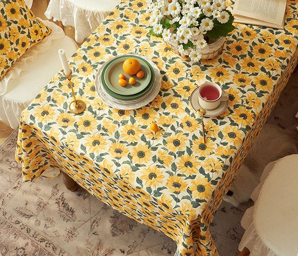 Modern Rectangle Tablecloth for Dining Room Table, Yellow Sunflower Pattern Farmhouse Table Cloth, Square Tablecloth for Round Table-Paintingforhome