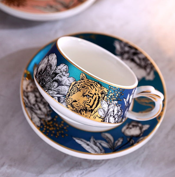 Unique Ceramic Cups with Gold Trim and Gift Box, Creative Ceramic Tea Cups and Saucers, Jungle Tiger Cheetah Porcelain Coffee Cups-Paintingforhome