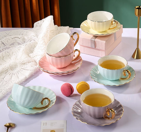 Unique Tea Cups and Saucers in Gift Box as Birthday Gift, Elegant Macaroon Ceramic Coffee Cups, Beautiful British Tea Cups, Creative Bone China Porcelain Tea Cup Set-Paintingforhome