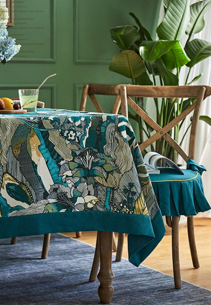 Large Modern Rectangle Tablecloth for Dining Room Table, Blue Flower Pattern Farmhouse Table Cloth, Square Tablecloth for Round Table-Paintingforhome