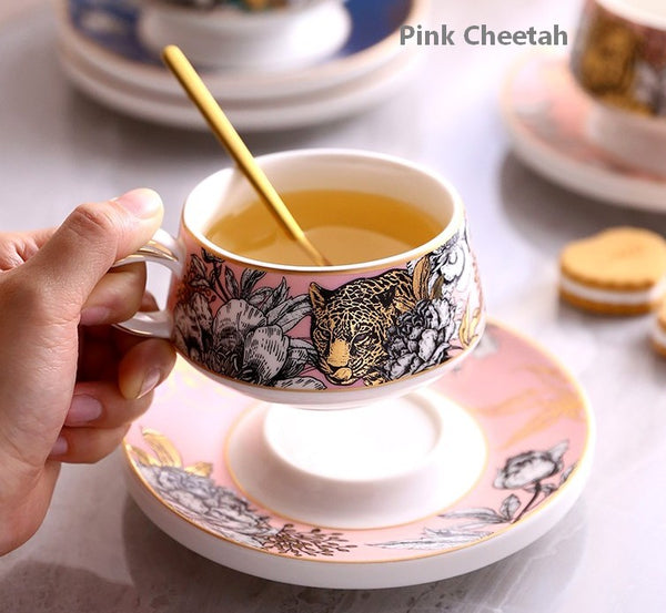 Unique Ceramic Cups with Gold Trim and Gift Box, Creative Ceramic Tea Cups and Saucers, Jungle Tiger Cheetah Porcelain Coffee Cups-Paintingforhome