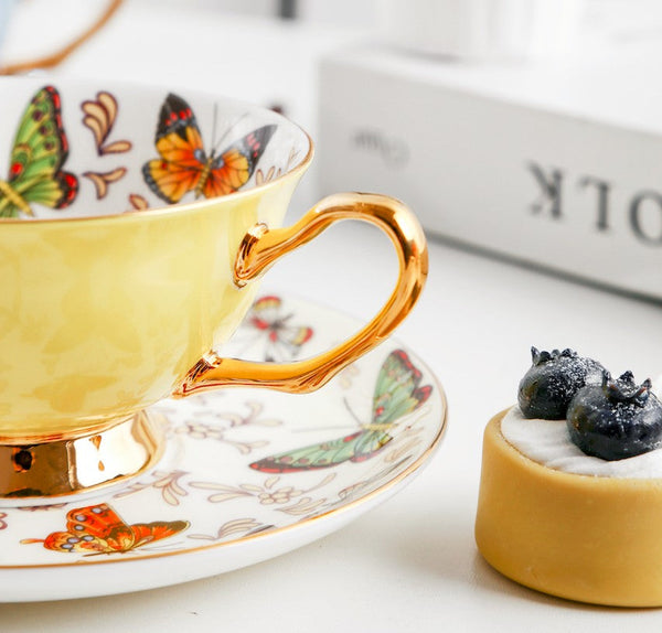 Unique Butterfly Coffee Cups and Saucers, Creative Butterfly Ceramic Coffee Cups, Beautiful British Tea Cups, Creative Bone China Porcelain Tea Cup Set-Paintingforhome