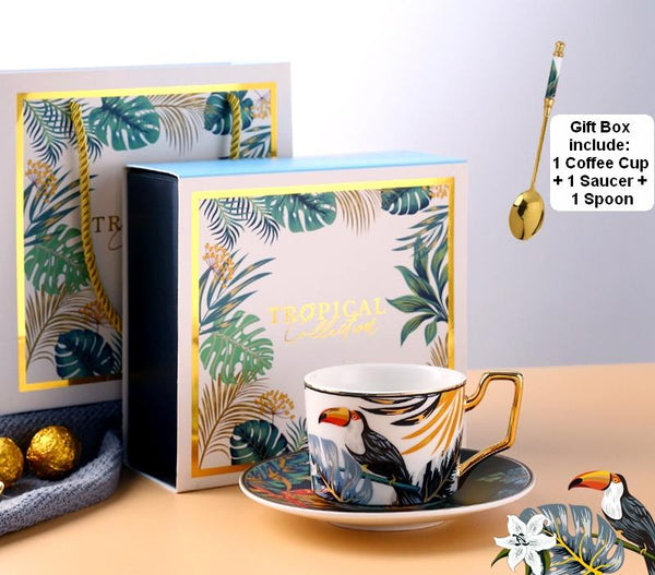 Coffee Cups with Gold Trim and Gift Box, Jungle Leopard Pattern Porcelain Coffee Cups, Tea Cups and Saucers-Paintingforhome