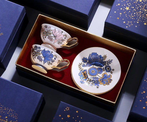 Unique Iris Flower Tea Cups and Saucers in Gift Box, Elegant Ceramic Coffee Cups, Afternoon British Tea Cups, Royal Bone China Porcelain Tea Cup Set-Paintingforhome