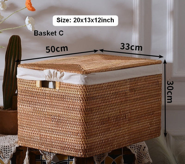 Oversized Storage Baskets for Bedroom, Rectangular Woven Storage Baskets for Clothes, Large Rectangular Storage Basket with Lid, Rattan Storage Case-Paintingforhome