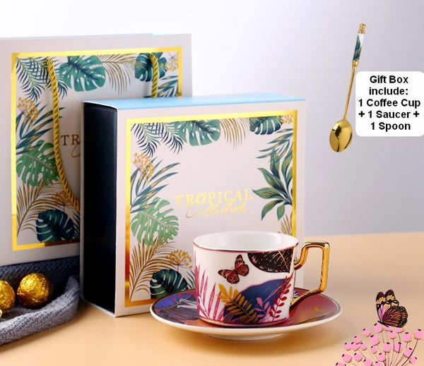 Coffee Cups with Gold Trim and Gift Box, Jungle Leopard Pattern Porcelain Coffee Cups, Tea Cups and Saucers-Paintingforhome