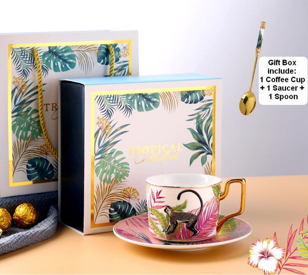 Coffee Cups with Gold Trim and Gift Box, Jungle Leopard Pattern Porcelain Coffee Cups, Tea Cups and Saucers-Paintingforhome