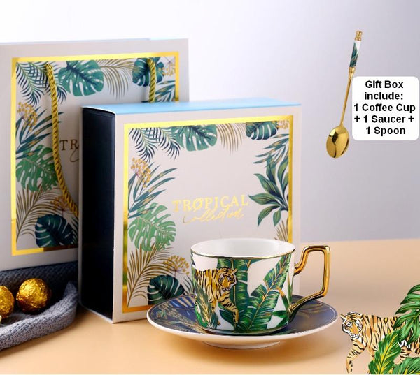 Coffee Cups with Gold Trim and Gift Box, Jungle Leopard Pattern Porcelain Coffee Cups, Tea Cups and Saucers-Paintingforhome