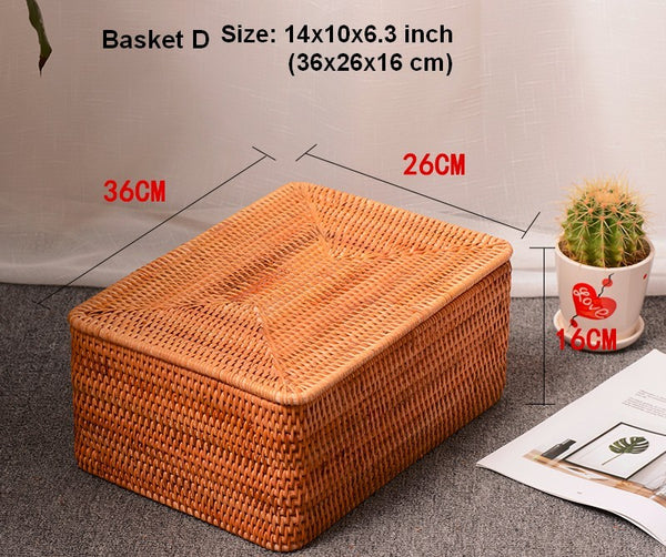 Large Storage Basket for Living Room, Storage Basket for Clothes, Woven Rattan Storage Baskets, Rectangular Storage Basket, Storage Basket with Lid-Paintingforhome