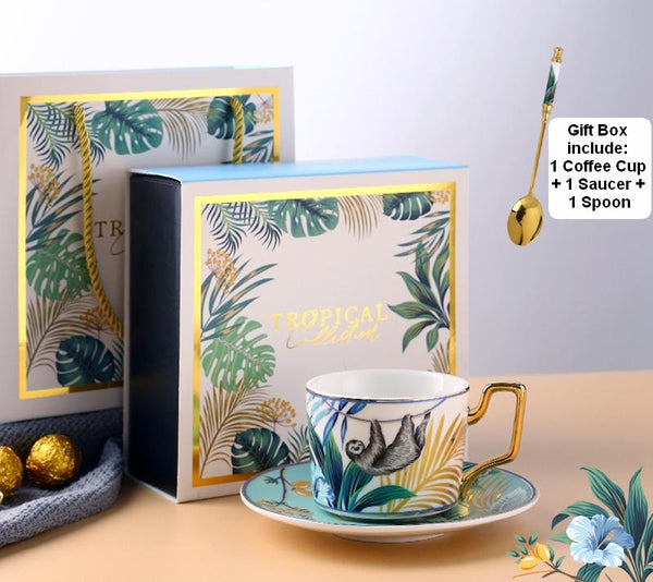 Coffee Cups with Gold Trim and Gift Box, Jungle Leopard Pattern Porcelain Coffee Cups, Tea Cups and Saucers-Paintingforhome