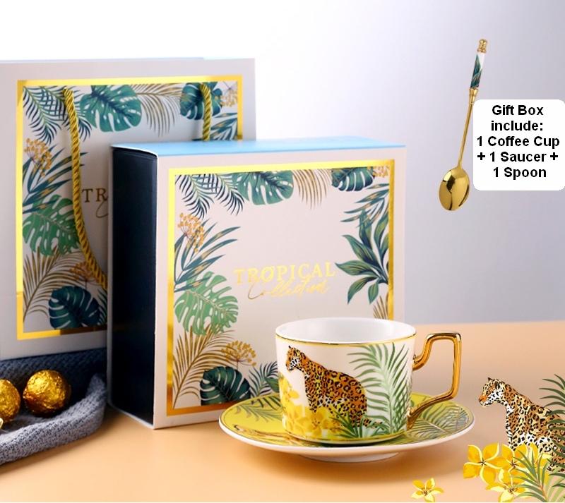 Coffee Cups with Gold Trim and Gift Box, Jungle Leopard Pattern Porcelain Coffee Cups, Tea Cups and Saucers-Paintingforhome