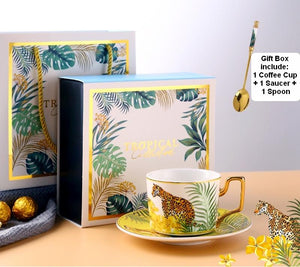 Coffee Cups with Gold Trim and Gift Box, Jungle Leopard Pattern Porcelain Coffee Cups, Tea Cups and Saucers-Paintingforhome