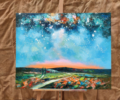 Landscape Painting on Canvas, Starry Night Sky Painting, Original Landscape Painting, Custom Canvas Painting for Dining Room-Paintingforhome