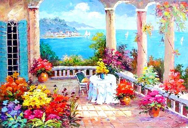 Canvas Painting, Spain Seashore, Mediterranean Sea Painting, Wall Art, Large Painting, Bedroom Wall Art, Oil Painting, Canvas Art, Seascape, Garden Painting-Paintingforhome