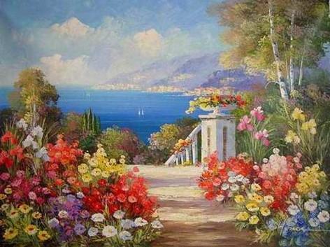 Canvas Art, Canvas Painting, Landscape Painting, Wall Art, Large Painting, Bedroom Wall Art, Oil Painting, Canvas Art, Garden Flower, Spain Summer Resort-Paintingforhome