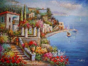 Mediterranean Sea Painting, Landscape Painting, Canvas Painting, Wall Art, Large Painting, Bedroom Wall Art, Oil Painting, Canvas Art, Seascape, Italy Summer Resort-Paintingforhome