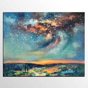 Landscape Painting, Custom Large Canvas Wall Art, Starry Night Sky Canvas Painting, Heavy Texture Wall Art-Paintingforhome