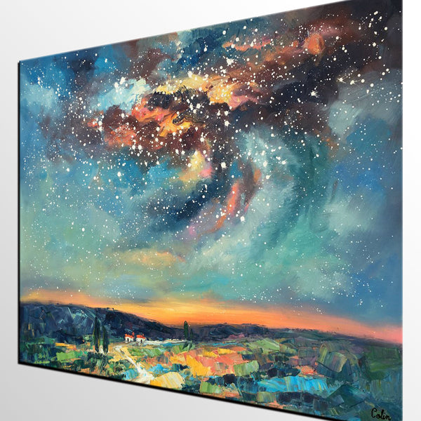 Landscape Painting, Custom Large Canvas Wall Art, Starry Night Sky Canvas Painting, Heavy Texture Wall Art-Paintingforhome