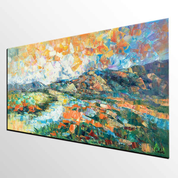 Custom Extra Large Art, Canvas Artwork, Original Artwork, Mountain and River Landscape Painting-Paintingforhome