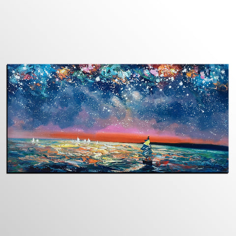 Canvas Wall Art, Sail Boad under Starry Night Painting, Seascape Painting, Custom Large Canvas Wall Art, Original Artwork-Paintingforhome