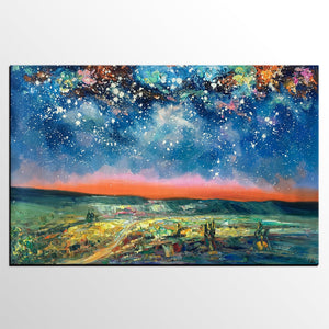 Landacape Canvas Painting, Starry Night Sky Painting, Original Landscape Painting, Heavy Texture Art Painting, Palette Knife Painting-Paintingforhome