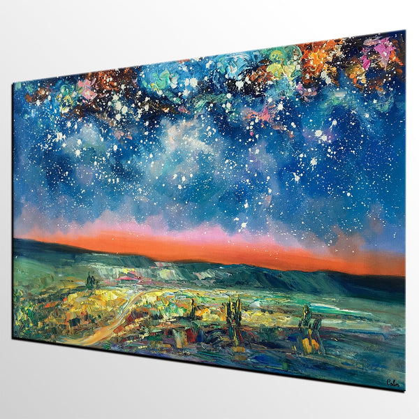 Landacape Canvas Painting, Starry Night Sky Painting, Original Landscape Painting, Heavy Texture Art Painting, Palette Knife Painting-Paintingforhome