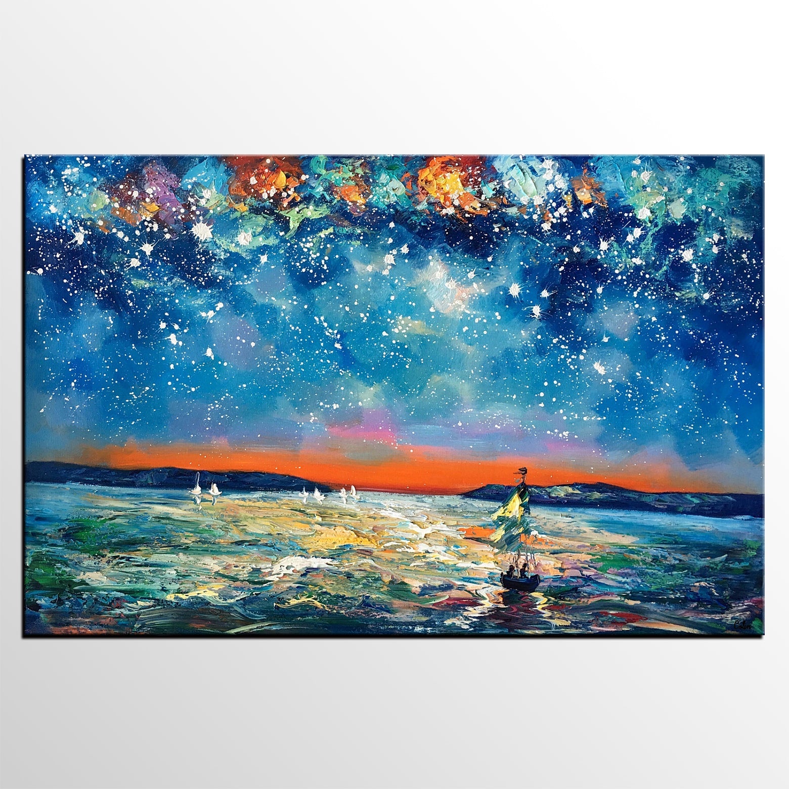 Large Canvas Art Painting, Sail Boat under Starry Night Painting, Custom Large Oil Painting-Paintingforhome