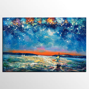 Large Canvas Art Painting, Sail Boat under Starry Night Painting, Custom Large Oil Painting-Paintingforhome