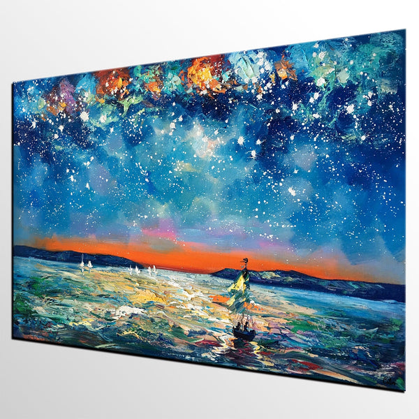 Large Canvas Art Painting, Sail Boat under Starry Night Painting, Custom Large Oil Painting-Paintingforhome