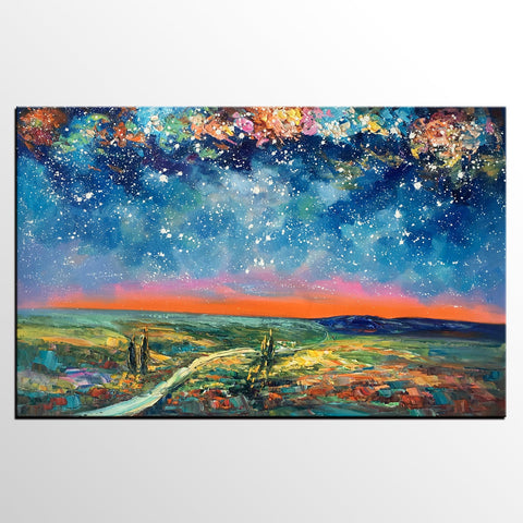 Large Canvas Art Painting, Starry Night Landscape Painting, Custom Large Oil Painting-Paintingforhome