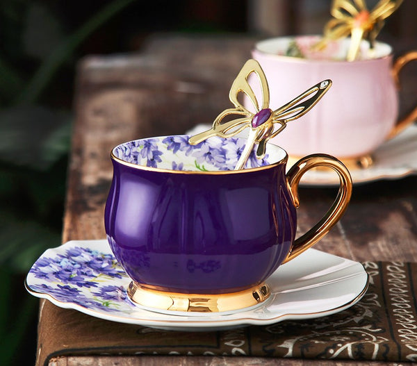 Elegant Purple Ceramic Cups, Unique Coffee Cup and Saucer in Gift Box as Birthday Gift, Beautiful British Tea Cups, Creative Bone China Porcelain Tea Cup Set-Paintingforhome