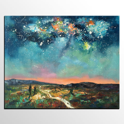 Heavy Texture Landscape Painting, Abstract Landscape Painting, Starry Night Sky, Custom Large Painting-Paintingforhome