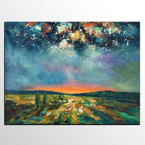 Heavy Texture Landscape Painting, Starry Night Sky, Custom Large Painting,Abstract Landscape Painting-Paintingforhome