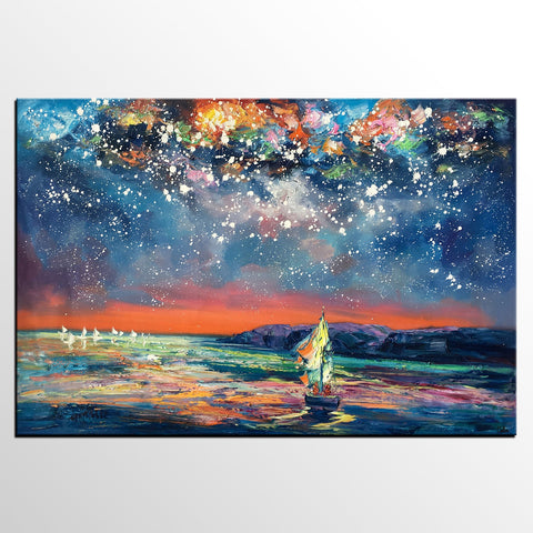 Custom Large Oil Painting, Large Canvas Art Painting, Sail Boat under Starry Night Painting-Paintingforhome