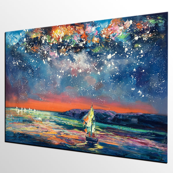 Custom Large Oil Painting, Large Canvas Art Painting, Sail Boat under Starry Night Painting-Paintingforhome